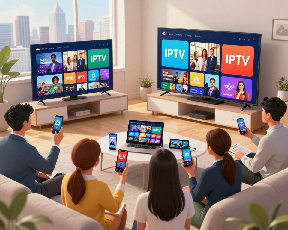 A vibrant, informative illustration showcasing the benefits of IPTV over traditional broadcasting in Canada. In the foreground, a diverse group of individuals, dressed in professional business attire, enthusiastically viewing multiple screens displaying various IPTV channels, highlighting ease of access and flexibility. The middle section features a sleek modern living room with a large television showcasing colorful content, while an array of devices (smartphones, tablets) is visible, emphasizing multi-device compatibility. The background includes a city skyline, symbolizing the broad reach of IPTV services across Canada. Use bright, inviting lighting to create a warm, engaging atmosphere, with a focus on clarity and modern technology. The angle should be slightly elevated to capture both the people and devices effectively.