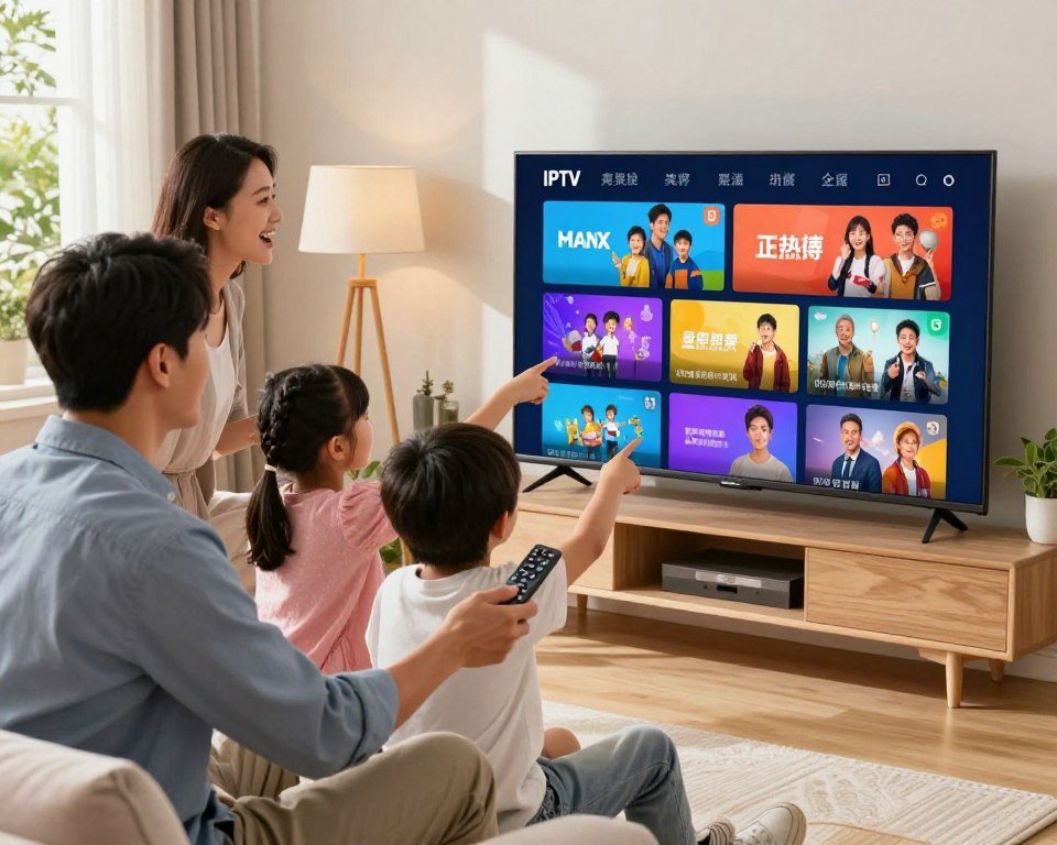 A vibrant living room scene showcasing a family gathered around a sleek smart TV, which displays an array of colorful streaming channels, symbolizing unmatched channel selection. In the foreground, a father in business attire and mother in casual wear are excitedly discussing the various options available, holding a remote control in hand. The middle layer reveals children, a girl and a boy, enthusiastically pointing to different shows on the screen, filled with family-friendly content. The background features a cozy home environment, with soft lighting from a nearby lamp and natural sunlight streaming through windows, creating a warm and inviting atmosphere. The composition conveys a sense of joy, connection, and the endless possibilities of entertainment available through the IPTV service, featuring crisp details and vibrant colors.