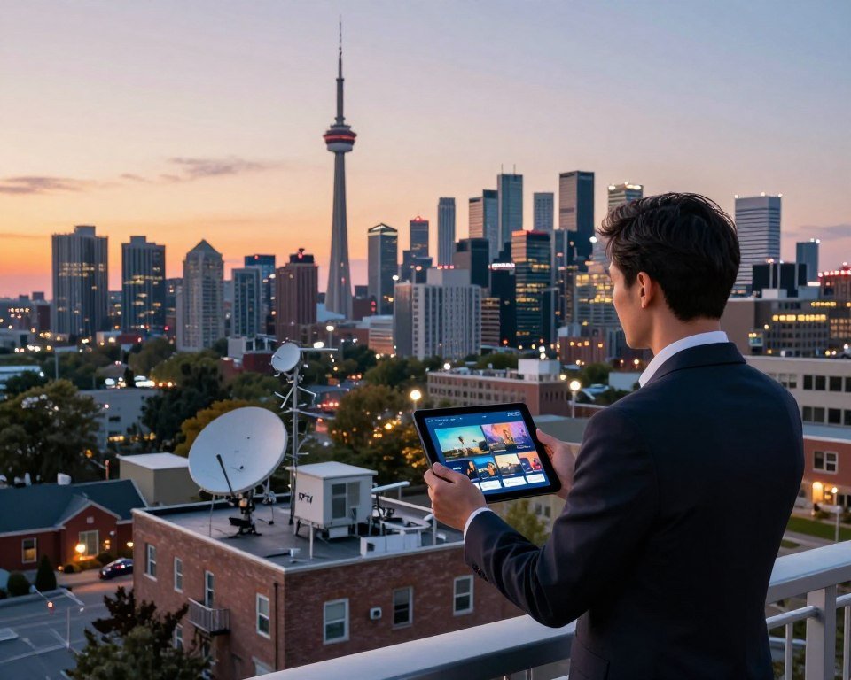 A vibrant, modern Canadian cityscape at dusk, showcasing a blend of residential and business buildings reflective of a thriving IPTV landscape. In the foreground, a professional in business attire confidently holds a tablet displaying streaming content, symbolizing advanced technology. The middle ground features a variety of antennas and satellite dishes atop buildings, representing various IPTV providers. The background highlights the iconic Canadian skyline with a colorful sunset, casting soft, golden lighting across the scene. Emphasize a dynamic yet serene atmosphere, suggesting innovation and reliability in streaming solutions. Use a wide-angle lens to capture the bustling urban environment, ensuring clarity and depth throughout the image.