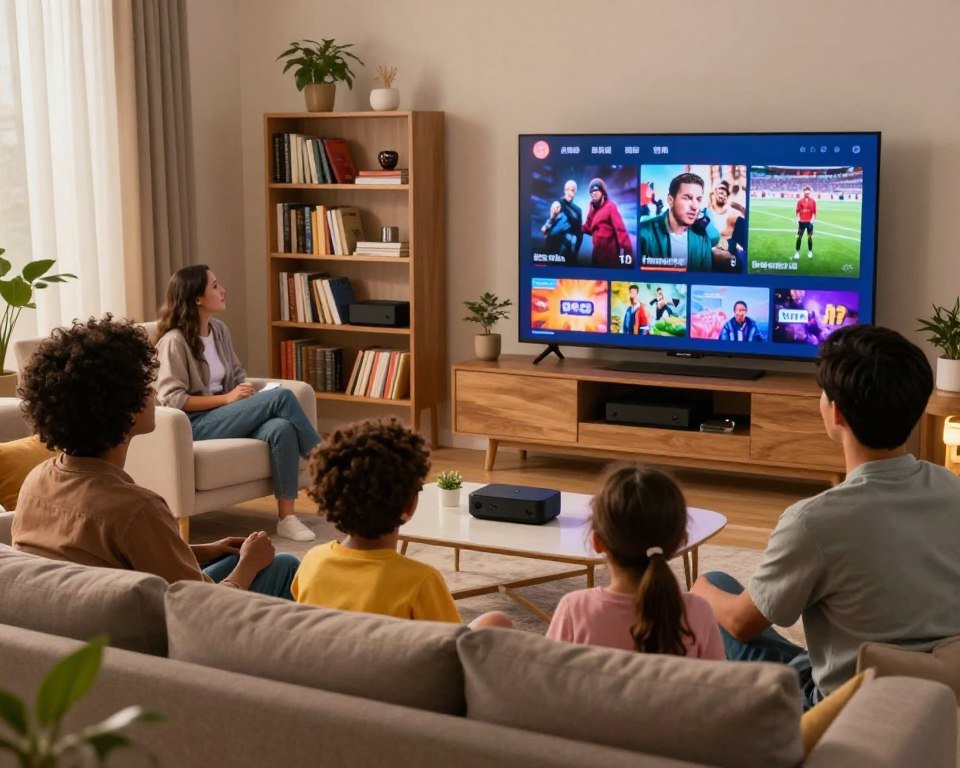 A vibrant, modern living room scene showcasing a diverse group of people watching live TV. In the foreground, a family of four—two adults of different ethnicities and two children—are sitting comfortably on a stylish couch, all focused on a large screen displaying a variety of live channels, movies, and sports events. In the middle, shelves brimming with books and streaming devices highlight a content library. The background features a soft-lit, cozy atmosphere with warm-toned ambient lighting, framed by decorative plants and a contemporary coffee table. The angle captures a panoramic view, enhancing the feeling of togetherness and excitement in a home entertainment environment. The mood is lively and inviting, celebrating diversity and shared experiences.