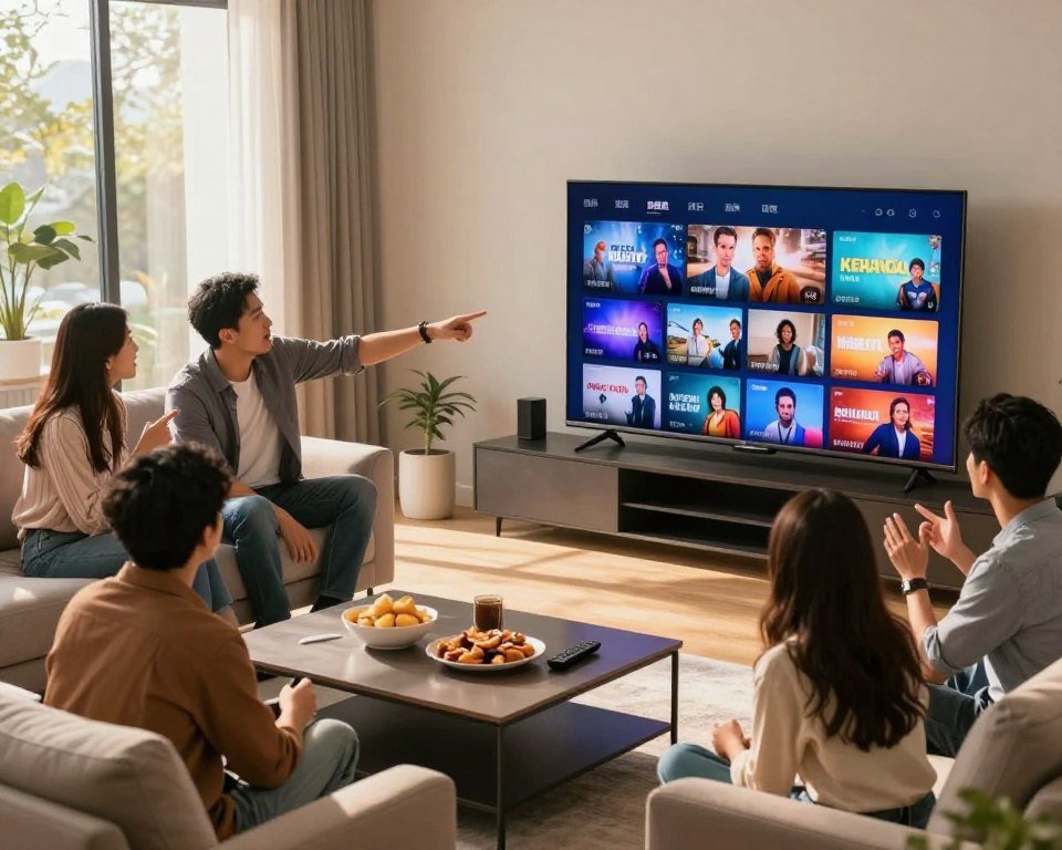 A vibrant, modern living room setting showcasing a large flat-screen TV displaying an array of international and local television channels. In the foreground, a stylish coffee table is adorned with snacks and a remote control. The middle ground features a diverse group of people—two adults and a child—all dressed in casual yet tidy clothing, engaged in a lively discussion while pointing at the screen, reflecting excitement and interest. The background reveals large windows with sunlight streaming in, illuminating the room and creating a warm, inviting atmosphere. Soft shadows are cast around the furniture, enhancing the cozy feel. The composition is captured from a slightly elevated angle, emphasizing the connection between the viewers and the variety of channels visible on the screen.