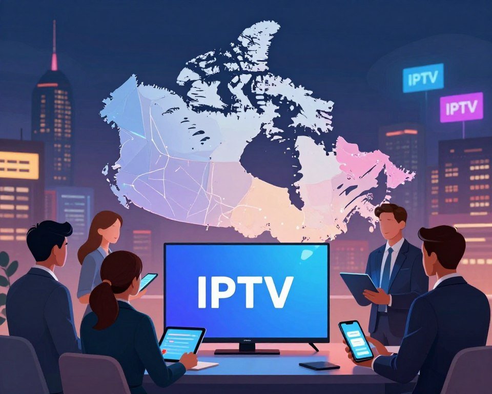 A vibrant, professional illustration depicting the legal landscape of IPTV services in Canada. In the foreground, a diverse group of individuals, dressed in professional business attire, are engaging with multiple devices: a sleek smart TV, a tablet, and a smartphone. The middle ground features a modern, stylized map of Canada, highlighting various provinces, subtly lit to emphasize connectivity. In the background, a city skyline at dusk with colorful digital screens illustrating various IPTV services. Soft, ambient lighting enhances the scene, creating a sense of innovation and accessibility. The overall mood conveys a professional yet optimistic outlook on streaming technology, emphasizing legality and versatility in IPTV offerings across devices.