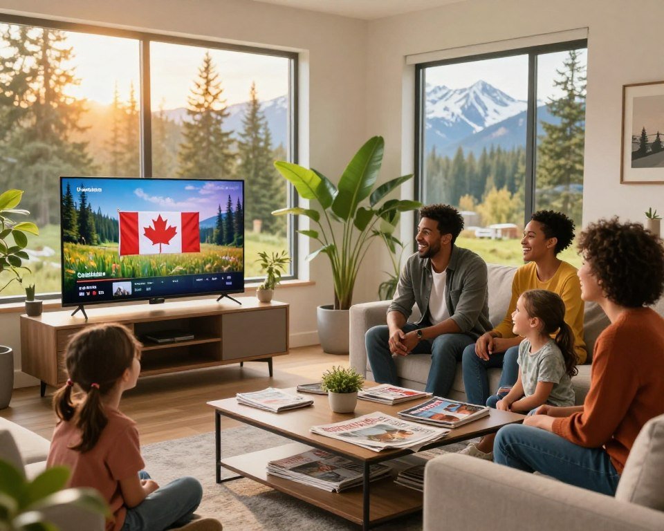 A vibrant scene capturing the essence of local Canadian content in a cozy, modern living room. In the foreground, a diverse family of four, dressed in smart casual clothing, is gathered around a stylish coffee table, laughing and enjoying a Canadian documentary playing on a sleek flat-screen TV. The middle ground features lush houseplants and a coffee table adorned with local newspapers and magazines showcasing Canadian wildlife and culture. In the background, large windows filter in warm, golden sunlight, revealing a scenic view of a pine forest and distant snow-capped mountains. The overall mood is welcoming and familial, emphasizing the importance of local media and the beauty of Canada. The image should have a soft focus with a warm color palette, creating an inviting atmosphere.