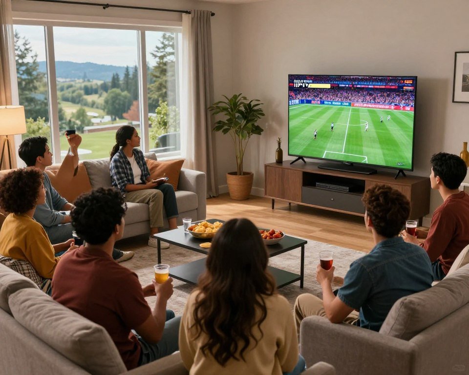 A vibrant scene depicting the benefits of IPTV for Canadian viewers. In the foreground, a diverse group of people enjoying a sports viewing party, dressed in casual attire, focused on a large flat-screen TV showing a live sports event. In the middle ground, a cozy living room setup with modern furniture, snacks, and drinks, enhancing the social aspect of streaming. The background features a window showing a beautiful Canadian landscape, symbolizing the connection between local viewers and global sports. Soft, warm lighting creates an inviting atmosphere, emphasizing the excitement of live sports. A wide-angle perspective captures the homey environment, inviting viewers to imagine the joy of watching their favorite sports through IPTV.