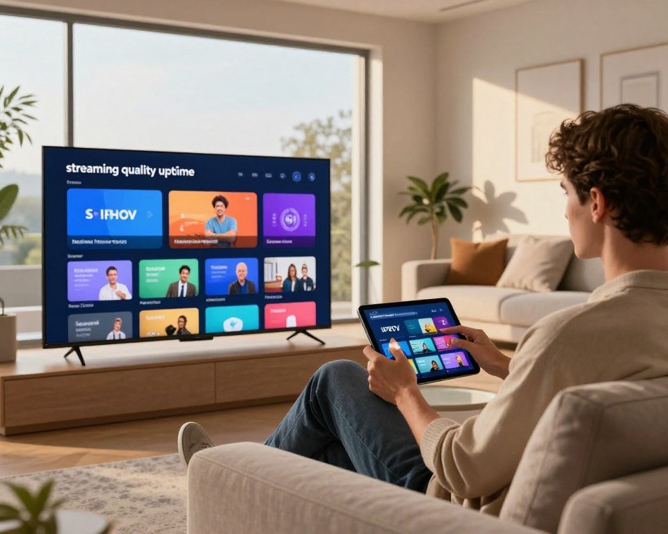 A vibrant scene showcasing the concept of "streaming quality uptime" in a modern, stylish living room. In the foreground, a sleek smart TV displays a colorful streaming interface with various options of premium IPTV channels. In the middle, a cozy couch with soft cushions invites viewers to sit and enjoy. A user, dressed in casual yet tidy attire, actively browses the content on a tablet, reflecting convenience and engagement. The background features large windows letting in warm, natural light, casting gentle shadows on the walls adorned with subtle tech-themed art. The overall atmosphere is inviting and high-tech, embodying efficiency and comfort without any distractions or clutter. Focus on clarity, depth of field, and an inviting warm color palette to evoke a sense of premium quality service.