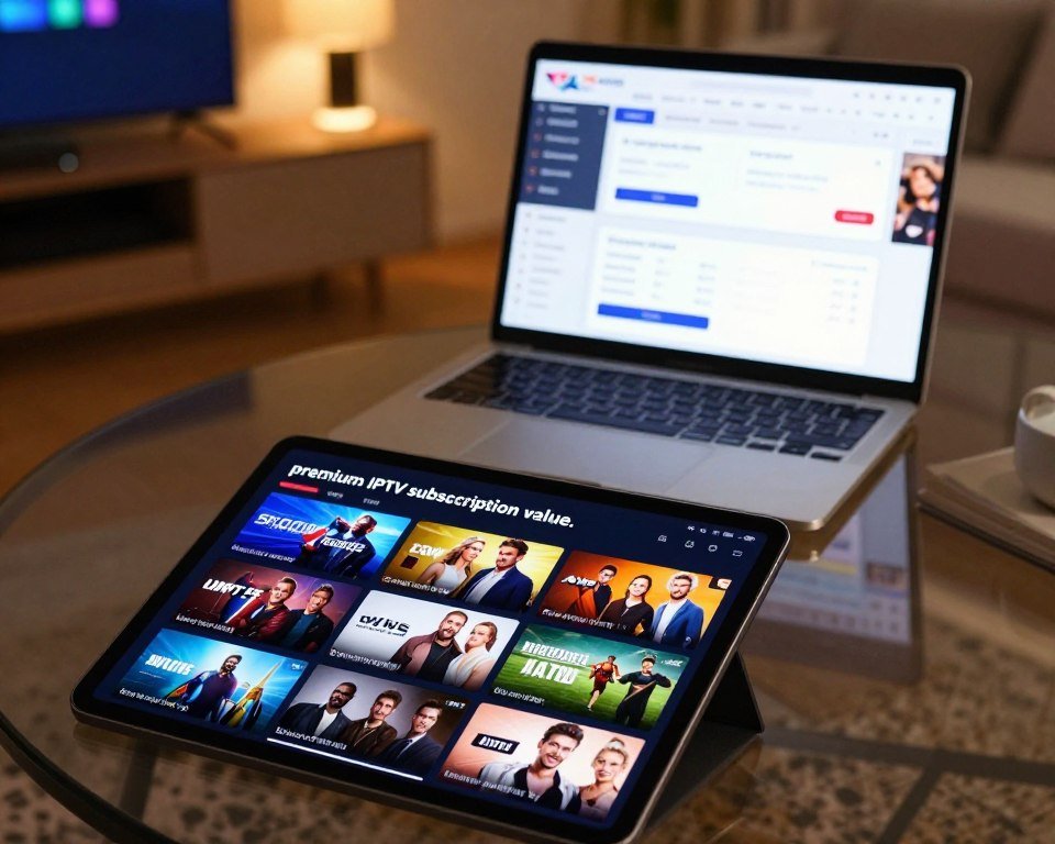 A visually appealing and informative composition representing the concept of "premium IPTV subscription value." In the foreground, display a sleek, modern tablet showcasing vibrant streaming thumbnails of popular French channels, reflecting diversity in content like news, movies, and sports. The middle ground features a stylish laptop open with a well-designed interface displaying subscription plans and pricing options, emphasizing affordability and premium offerings. In the background, create a cozy living room ambiance with warm lighting, soft textures, and a subtle hint of technology, like a smart TV and streaming device. The atmosphere should evoke a sense of comfort and luxury, highlighting the value of entertainment options available through IPTV services. Use a slightly elevated angle to provide depth and focus, ensuring the overall mood is inviting and professional.