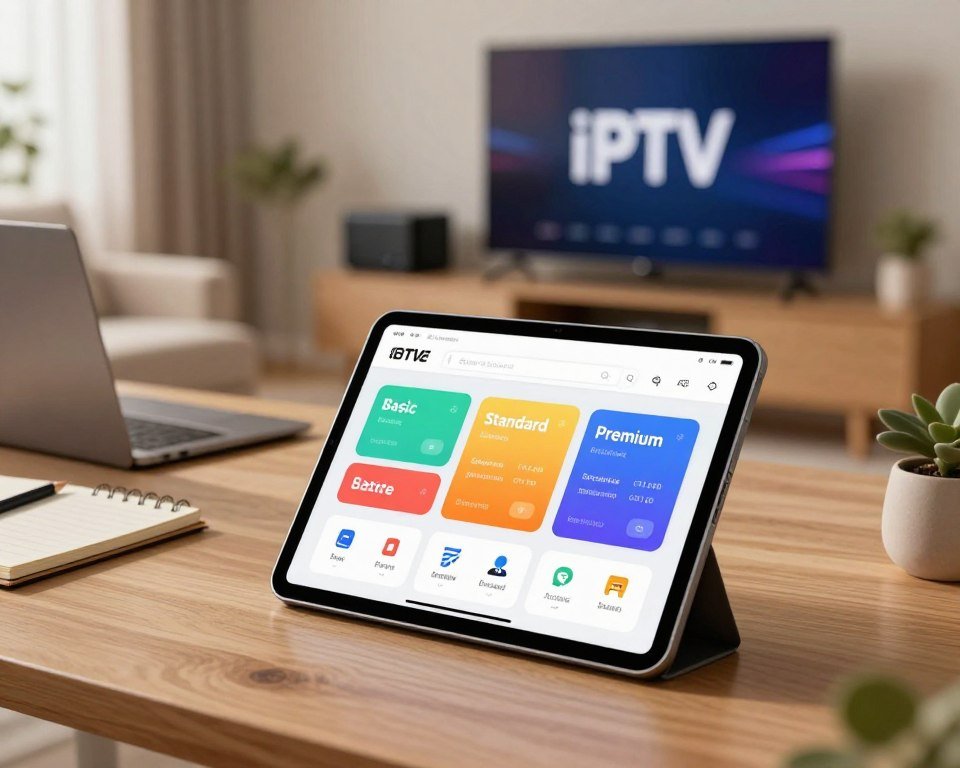 A visually appealing illustration of flexible IPTV subscription plans and pricing options. In the foreground, display a sleek tablet showing a vibrant app interface featuring various subscription tiers, each represented by colorful cards, detailing features like "Basic," "Standard," and "Premium." In the middle ground, arrange a modern workspace with a laptop and a notepad, emphasizing a professional atmosphere. The background should showcase a softly lit living room with a large TV and streaming device, highlighting the comfort of home entertainment. Use warm lighting to create an inviting and relaxed ambiance, captured with a wide-angle lens to provide depth. The overall mood should convey accessibility and modern convenience, appealing to potential customers exploring flexible subscription models.