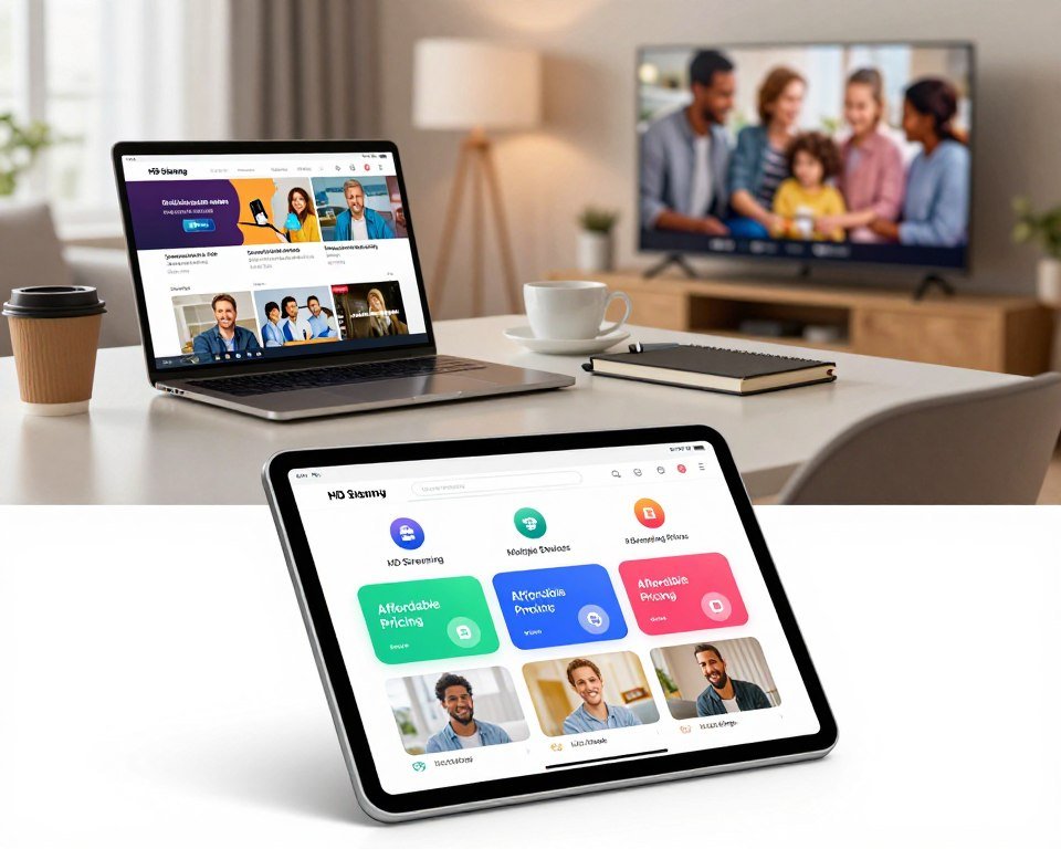 A visually appealing infographic showcasing cost-effective subscription plans for IPTV services. In the foreground, display a tablet with an open app interface highlighting various subscription options in vibrant colors. Include clear icons for features like "HD Streaming," "Multiple Devices," and "Affordable Pricing." In the middle ground, arrange a stylish desk with a laptop showing a streaming platform and some casual, professional items like coffee cups and notebooks. The background should feature a cozy living room with a television displaying happy families enjoying streaming content together. Use warm, inviting lighting to create a friendly atmosphere, with soft focus on the background to emphasize the subscription plans. Aim for a modern, clean design that conveys value and reliability in streaming services.
