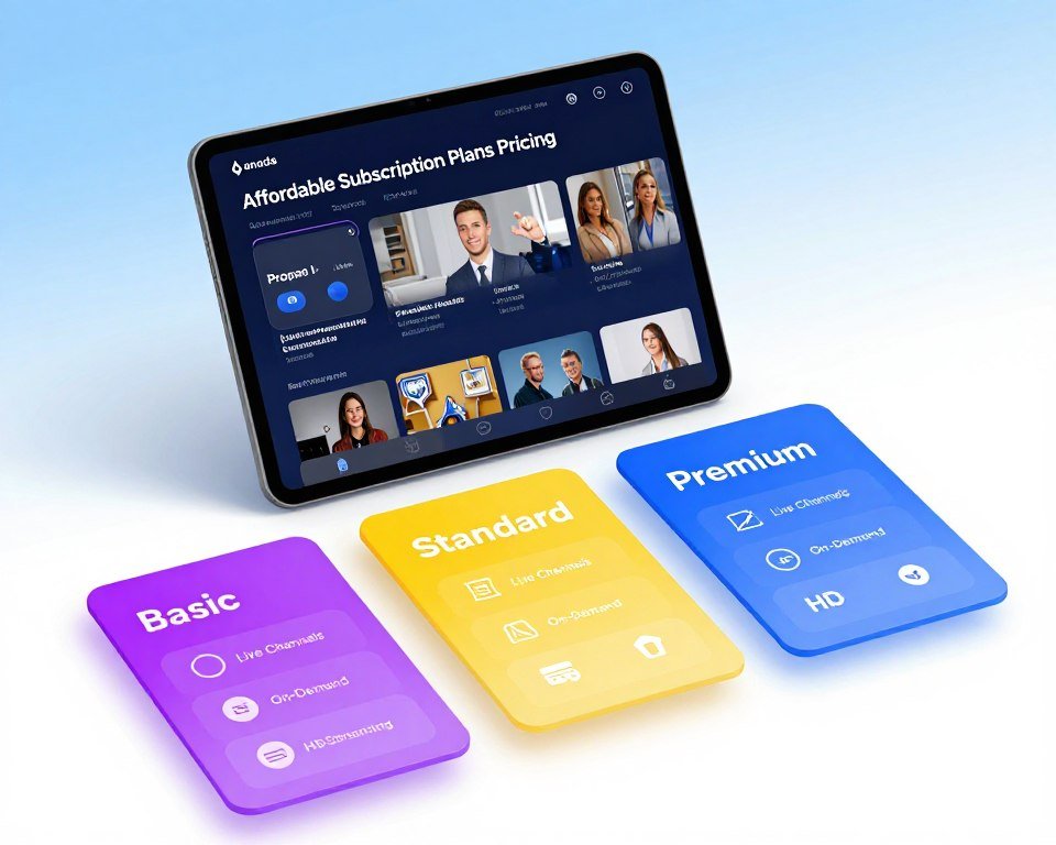 A visually appealing representation of "Affordable Subscription Plans Pricing" for live TV streaming services in Canada. In the foreground, display stylized, colorful pricing tiers illustrated on sleek, modern cards—each showcasing different subscription options (e.g., basic, standard, premium) with distinct icons symbolizing features like 'Live Channels', 'On-Demand', and 'HD Streaming'. The middle section should feature a stylish tablet or smartphone displaying a live TV interface, suggesting the user experience. The background should be a soft gradient in shades of blue and white, evoking a tech-savvy atmosphere. Use soft, natural lighting to create an inviting mood, with a focus on clarity to highlight the pricing details distinctly. Capture the scene with a slightly elevated angle, ensuring depth and engagement.