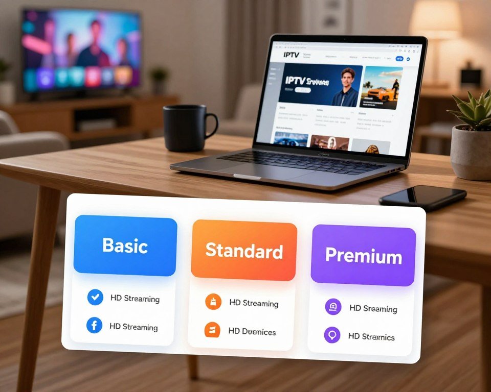 A visually appealing representation of various pricing subscription plans for IPTV services, specifically designed for the Canadian market. In the foreground, a clean display of three distinct plan cards with vibrant colors: Basic, Standard, and Premium, each adorned with icons representing features like HD streaming, multiple devices, and customer support. In the middle ground, a professional setting featuring a stylish desk with modern tech gadgets, highlighting a laptop showing the IPTV interface. The background features a soft-focus of a cozy living room with a television displaying vibrant content. The image is well-lit, showcasing a warm and inviting atmosphere, utilizing soft light for a comforting feel. The angle is slightly elevated, aiming down toward the plans and the technology while maintaining a professional mood.