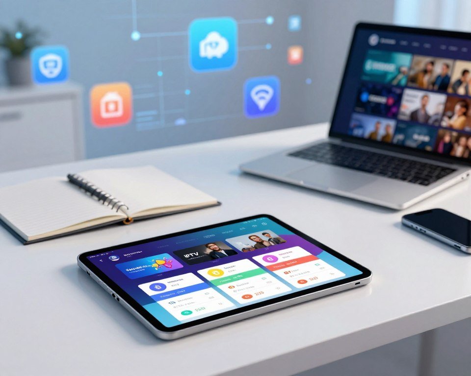 A visually appealing scene depicting flexible subscription plans for an IPTV service. In the foreground, showcase a sleek digital tablet displaying a colorful, interactive user interface of subscription options, with various plan tiers, icons, and price points. The middle ground features a modern desk with an open laptop, a notepad, and a smartphone, conveying a professional atmosphere. In the background, incorporate an abstract, tech-inspired setting with floating icons representing streaming services and entertainment content, bathed in soft blue and white lighting to create a relaxed yet engaging mood. Use a wide-angle lens effect to bring depth, ensuring all elements are harmoniously integrated without text or logos.