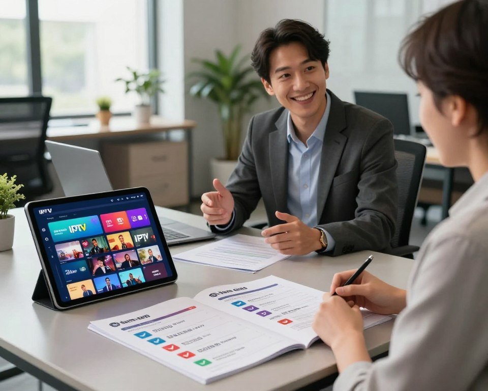 A visually appealing scene showcasing various affordable IPTV subscription plans laid out on a sleek, modern table. In the foreground, a tablet displays a user-friendly IPTV interface with vibrant thumbnails of popular channels. Beside it, open flyers highlight different subscription plans, featuring graphical elements like price tags and checkmarks for free trial options. In the middle ground, a friendly professional, dressed in smart business attire, explains the plans to an engaged viewer seated across. The background features a stylish, contemporary office environment with soft, natural lighting filtering through large windows, creating a warm and inviting atmosphere. The angle captures an intimate discussion, emphasizing affordability and flexibility in payment options.