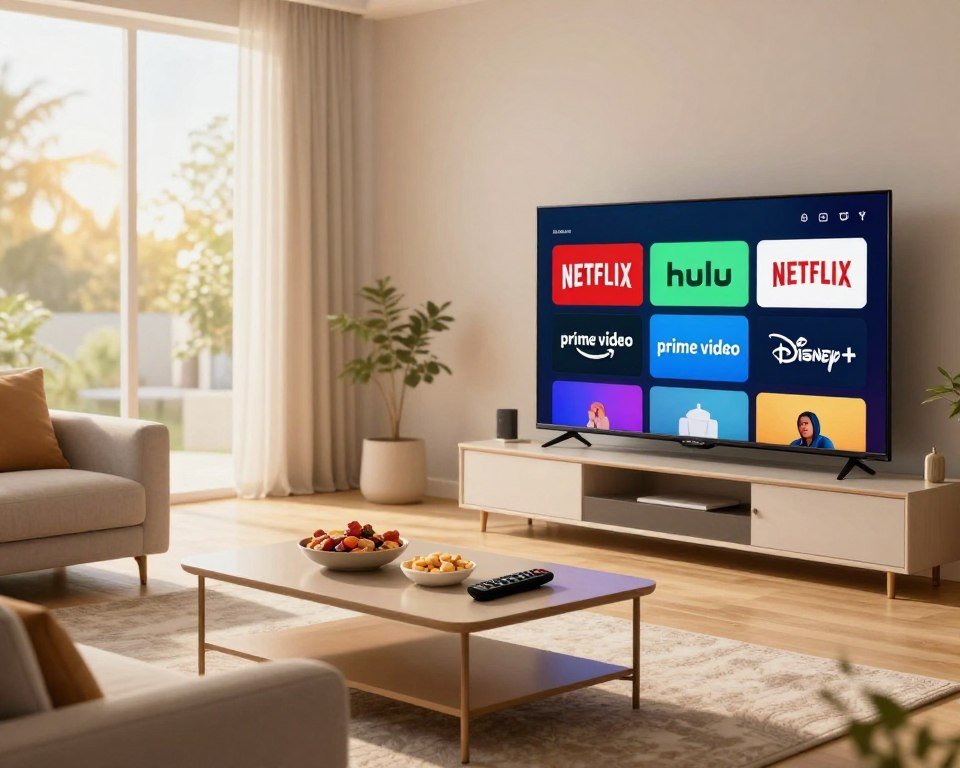 A visually captivating representation of top IPTV service providers, featuring a vibrant modern living room setting as the foreground. A sleek television screen showcases colorful logos of leading streaming platforms like Netflix, Hulu, Amazon Prime Video, and Disney+, artistically arranged to convey competition and diversity. In the middle ground, a stylish coffee table adorned with snacks and a remote control creates a welcoming atmosphere, while a cozy sofa invites viewers to engage. The background features a softly blurred window with sunlight streaming in, casting warm, inviting light throughout the scene. The mood is upbeat and contemporary, reflecting innovation in entertainment technology. Shot with a wide-angle lens to emphasize the room's spaciousness and depth, ensuring the composition is inviting and engaging.
