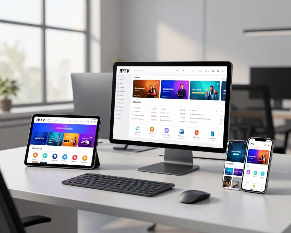 A visually compelling illustration of flexible IPTV subscription packages, featuring a modern, organized workspace. In the foreground, display several opened digital devices—tablets and smartphones—showing various IPTV package options with vibrant, engaging icons and clear layouts representing flexibility and versatility. In the middle, arrange an expanded view of a digital subscription table, showcasing different pricing tiers and included features. The background should feature a sleek, minimalist office environment with soft, natural lighting streaming through a large window, creating an inviting atmosphere. Use a wide-angle lens effect to create depth, evoking a sense of professionalism and innovation in the IPTV market.