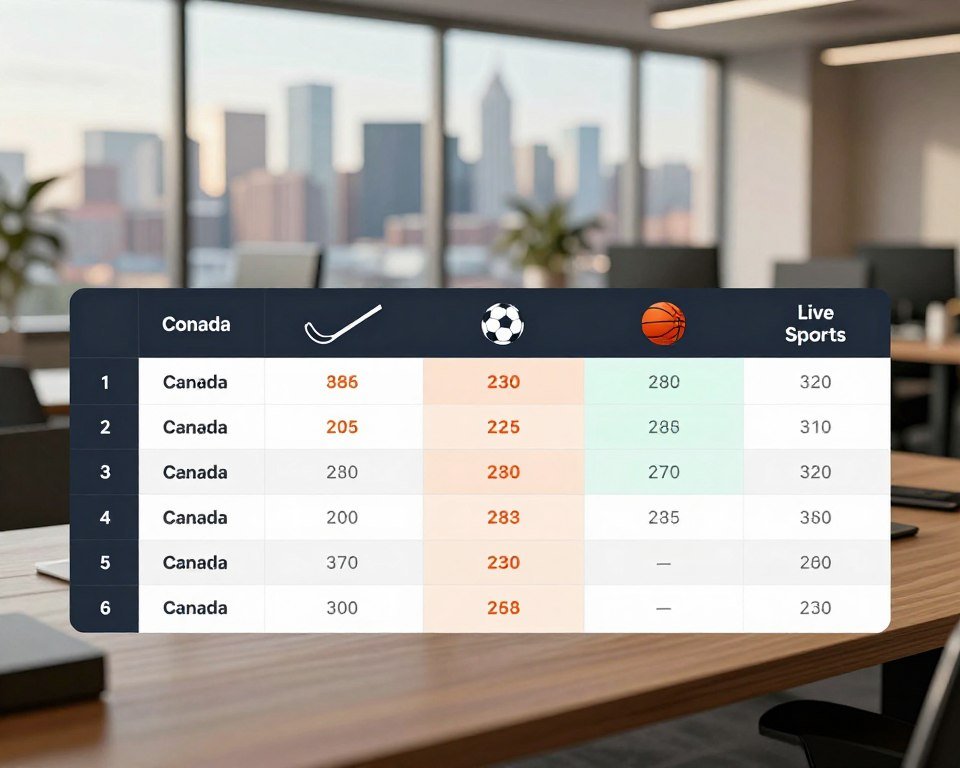 A visually engaging comparison chart displaying various streaming service pricing plans for live sports in Canada. In the foreground, feature a stylish table with clearly defined sections, depicting different pricing tiers, promotional offers, and unique features of each service. The middle layer should include icons representing popular sports like hockey, soccer, and basketball, adding color and vibrancy. The background should be softly blurred, resembling a modern office environment, with a large window showcasing a city skyline, infused with natural light. Use warm tones to create an inviting atmosphere, evoking professionalism and clarity. Capture the scene from a slight overhead angle, ensuring the focus remains on the comparison table, while maintaining a sleek and organized layout.