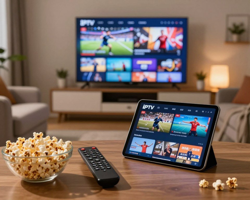 A visually engaging depiction of the key features of an IPTV streaming service, set in a modern home entertainment environment. In the foreground, a sleek remote control and a tablet displaying streaming options, surrounded by a bowl of popcorn. The middle ground shows a comfortable couch facing a large flat-screen TV showcasing various sports channels with vibrant action scenes. The background features a stylish living room with soft, ambient lighting emphasizing a cozy atmosphere. Use a warm color palette to convey excitement and engagement, with a depth of field that keeps the focus on the remote and tablet. Add subtle reflections on the TV screen and shadows for a realistic touch, creating a professional yet inviting mood.