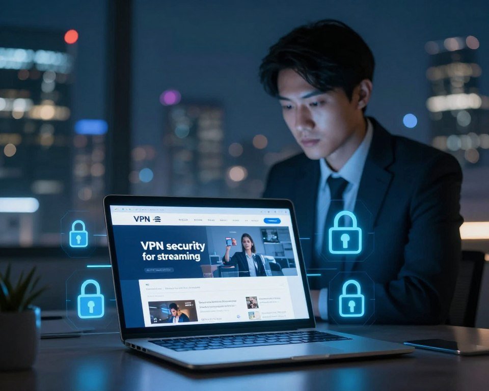 A visually engaging digital illustration representing "VPN security for streaming." In the foreground, depict a sleek laptop displaying a streaming service interface, surrounded by visual cues of security, like a digital padlock and encrypted symbols. In the middle ground, introduce a professional person in business attire, focused on the screen, highlighting the concept of safe streaming. The background should feature a blurred cityscape at night, with vibrant lights suggesting connectivity and modernity. Use cool, calming blue tones to create a sense of security and trust. The lighting should be soft and diffused, simulating an evening ambiance, with a slight glow emanating from the laptop screen, enhancing the focus on the subject. The overall mood should convey safety, reliability, and the benefits of using a VPN for streaming.
