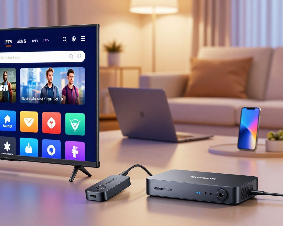 A visually engaging display showcasing various devices compatible with premium IPTV services, including a sleek smart TV, a compact Amazon Fire Stick, and a versatile Android TV box. In the foreground, the smart TV is turned on, demonstrating a vibrant streaming interface with colorful icons. The Fire Stick lies next to it, highlighting its compact design, while the Android box is positioned prominently with its modern silhouette. The middle ground features a subtle laptop and smartphone, indicating cross-device compatibility. The background is softly lit with a cozy living room setting, including a comfortable couch and warm ambient lighting, creating a welcoming atmosphere. The image captures high detail and vibrancy, emphasizing the flexibility and modernity of home entertainment devices.