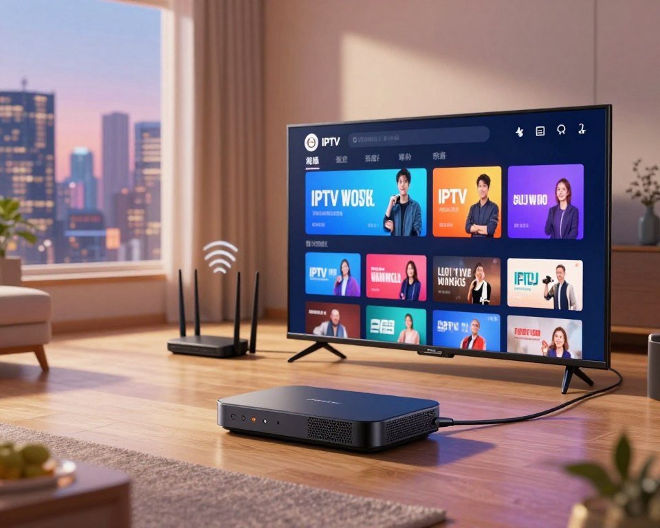 A visually engaging illustration of how IPTV works, featuring a cozy living room setting in the foreground with a modern Smart TV displaying an interactive IPTV menu. In the middle, a sleek streaming device connects to the TV, showing vibrant graphics of channels and streaming options. Behind, a clear view of a router with wireless signals emanating, representing the internet connection. The backdrop includes a city skyline through a window, softly illuminated by ambient lighting that creates a warm and inviting atmosphere. Use a wide-angle lens to capture the entire scene, ensuring a professional and informative mood while maintaining clarity in technical aspects. This image should be colorful and dynamic, illustrating the seamless connection between technology and entertainment without any text or overlays.