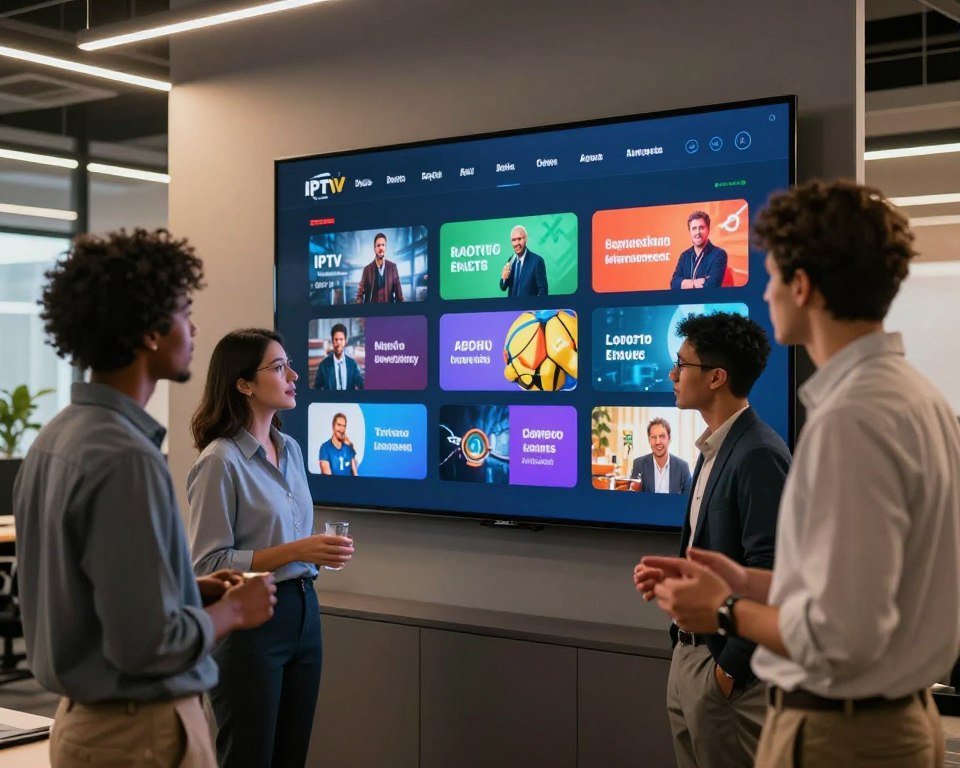A visually engaging office environment showcasing a large digital display featuring various IPTV subscription plans and their features. In the foreground, a group of three diverse professionals—two men and one woman—are actively discussing the plans, all dressed in smart business attire. The middle of the image highlights the digital screen displaying vibrant, eye-catching graphics illustrating different entertainment options such as movies, sports, and documentaries. In the background, modern office decor complements the scene, with soft overhead lighting casting a warm glow, creating an inviting atmosphere. The image is captured from a slight angle, giving a dynamic perspective that emphasizes cooperation and innovation in entertainment choices.