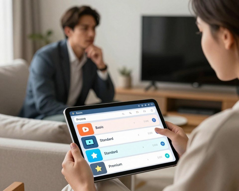 A visually engaging representation of flexible subscription plans for IPTV Canada. In the foreground, showcase a sleek digital tablet displaying an interactive pricing table with different subscription tiers labeled as “Basic,” “Standard,” and “Premium,” each illustrated with distinct icons (such as a play button, a TV, and a star). The middle ground features an individual in professional business attire, analyzing the plan options with a thoughtful expression. Soft, natural lighting highlights the scene, creating a warm atmosphere. In the background, hints of a modern living room setting with a cozy couch and a large screen TV provide context. Capture the essence of convenience and accessibility in the image, evoking a sense of user-friendly digital services.