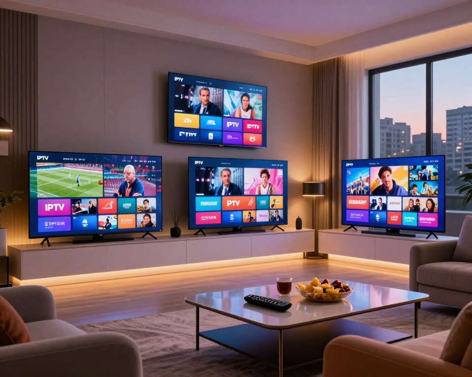 A visually engaging room showcasing multiple screens displaying live IPTV channels. In the foreground, a sleek modern coffee table holds a remote control and snacks, emphasizing a cozy entertainment setup. The middle section features three large flat-screen TVs on the wall, each showcasing dynamic content like sports, movies, and educational shows, with colorful graphics that suggest premium offerings. In the background, soft ambient lighting creates an inviting atmosphere, lending warmth to the scene. The room is furnished in a contemporary style with plush armchairs, and a large window reveals a quiet urban landscape outside, hinting at the convenience of home viewing. The mood is relaxed yet vibrant, embodying the excitement of limitless entertainment for viewers.