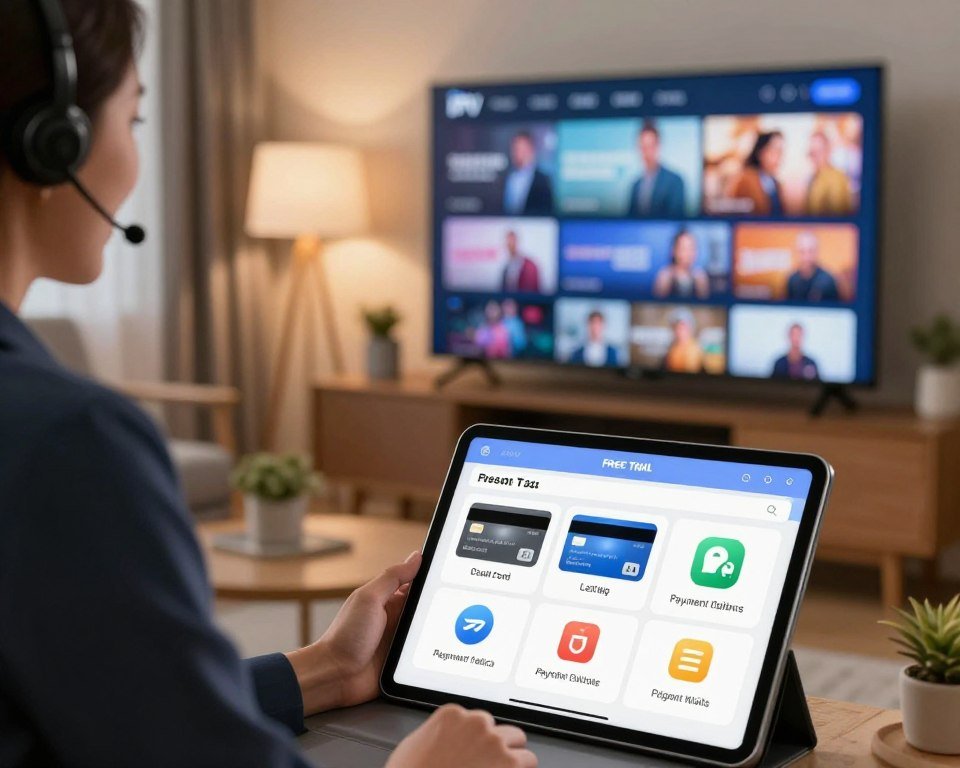 A visually engaging scene depicting a modern payment options menu and free trial access for IPTV services. In the foreground, include a sleek tablet displaying various payment methods such as credit cards and digital wallets, with highlighted icons symbolizing ease of use. To the left, a friendly customer service representative in professional attire gestures helpfully, radiating trust and reliability. In the middle ground, showcase a cozy living room set-up featuring a large TV streaming diverse entertainment options, with a welcoming ambiance. The background softens into a subtly lit space that suggests comfort and enjoyment, with warm lighting enhancing a feeling of accessibility and friendliness. Capture the atmosphere of innovation and security in a vibrant yet professional style, with a slight depth of field focus on the foreground elements.