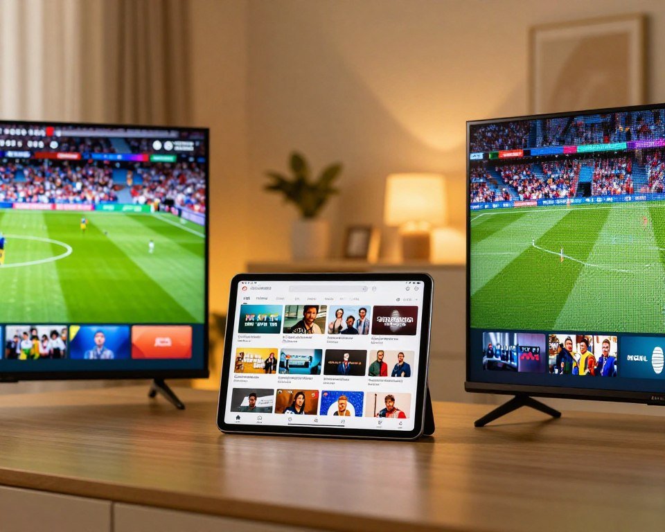 A visually striking comparison of streaming quality, featuring a split-screen design. In the foreground, two televisions show distinct streaming scenarios: on the left, a crisp, high-definition sports event displaying vibrant colors and sharp details; on the right, a pixelated, low-quality version of the same scene, indicating inferior streaming performance. In the middle, a sleek tablet displaying a gallery of on-demand content with various genres. The background is softly blurred to suggest a modern living room environment with ambient lighting, giving the atmosphere a cozy and inviting feel. Use warm golden tones to enhance comfort and appeal, shot from a slight low angle to emphasize the technology.