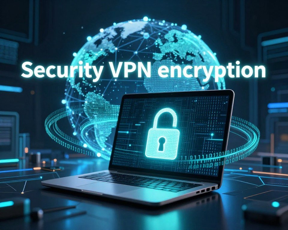 A visually striking illustration depicting the concept of "security VPN encryption." In the foreground, a sleek, modern laptop displays a glowing padlock symbol, representing robust security. Surrounding the laptop, swirling lines of binary code encapsulate the device, emphasizing the encryption process. In the middle ground, a digital globe is partially visible, showcasing a network of interconnected nodes, symbolizing global VPN connections. The background features a dark, abstract cyber landscape with hints of circuitry and glowing elements, creating a high-tech atmosphere. The lighting is dramatic, with a cool blue and green color palette, casting reflections on the laptop. The overall mood conveys a sense of safety and advanced technology, ideal for highlighting the importance of security in digital entertainment.