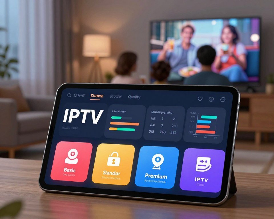 A visually striking illustration of IPTV subscription packages, featuring a sleek, modern digital interface displaying various pricing tiers. In the foreground, a clear image of a tablet or smartphone with vibrant icons representing different subscription options, such as basic, standard, and premium plans. The middle layer includes a stylized infographic that showcases features like channel variety, streaming quality, and device compatibility, utilizing colorful bars and graphs. In the background, a cozy living room scene with soft ambient lighting, depicting a family enjoying a movie night with a large flat-screen TV, conveying a warm and inviting atmosphere. Use a slight depth of field for emphasis on the foreground device, while maintaining clarity in the background.