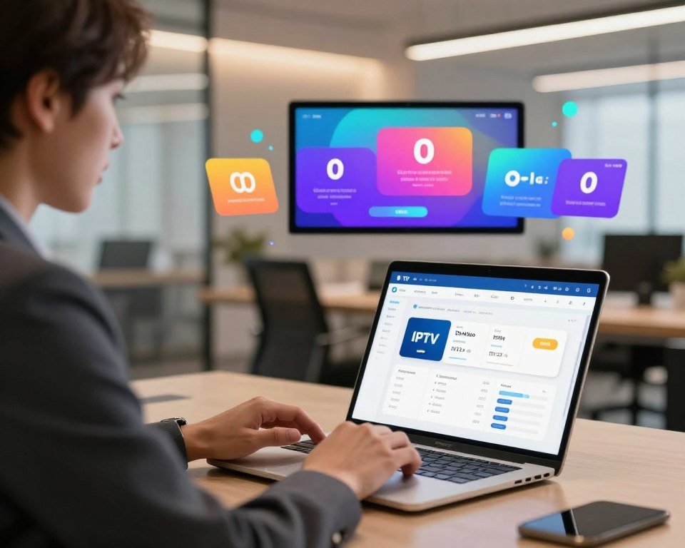 A visually striking image depicting flexible subscription plans for IPTV services. In the foreground, a professional-looking individual, dressed in smart business attire, is engaged in a discussion with a laptop open, displaying various subscription options with modern interface designs. The middle layer features sleek, colorful graphics representing different pricing tiers and features, arranged on a stylish digital tablet. In the background, a modern office setting with soft, ambient lighting creates a warm yet professional atmosphere, with abstract shapes suggesting digital connectivity and entertainment. The scene embodies a mood of innovation and convenience, emphasizing clarity and user-friendliness in subscription choices, inviting viewers to explore flexible options.