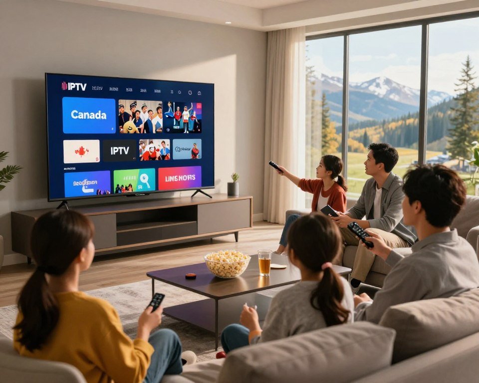 A visually striking image illustrating the advantages of IPTV subscriptions in Canada over traditional television. In the foreground, a modern living room with a sleek, wall-mounted flat-screen TV displaying a vibrant IPTV interface featuring various streaming options and live sports. A family of four, dressed in comfortable yet professional clothing, is enthusiastically engaged, with one member holding a remote, showcasing interactive features. In the middle ground, a coffee table with popcorn and drinks, adding a cozy atmosphere. The background reveals large windows with natural sunlight streaming in, highlighting a scenic Canadian landscape. The lighting should be warm and inviting, creating a relaxed, enjoyable mood. The overall composition should evoke a sense of modernity, convenience, and family togetherness associated with IPTV services.