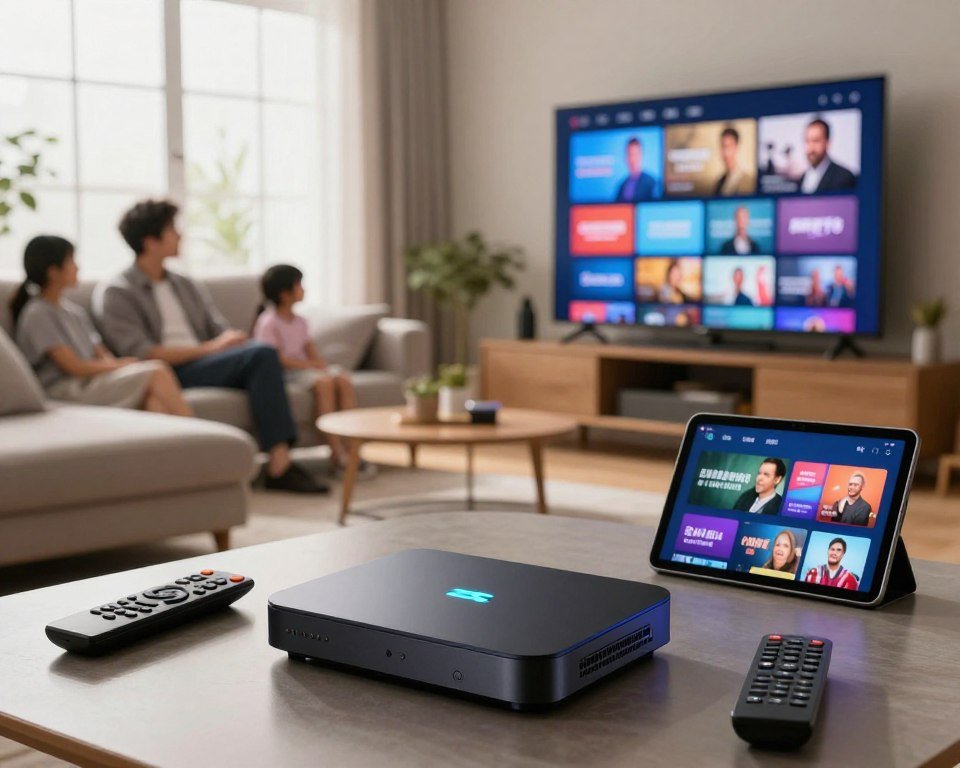 A visually striking image showcasing the contrast between traditional cable television and cost-saving IPTV services. In the foreground, a sleek IPTV box with its glowing logo sits on a modern coffee table, surrounded by remote controls and a tablet displaying vibrant streaming content. The middle ground features a comfortable living room with a cozy sofa, where a family in professional attire enjoys watching TV on a large, high-definition screen, displaying various streaming options. The background includes a sunny window, allowing natural light to flood the space, creating a warm and inviting atmosphere. The overall mood conveys a sense of modernity and convenience, highlighting the advantages of IPTV as an economical choice for entertainment. The scene should be captured with soft lighting and a slightly elevated angle to emphasize the connection between viewing comfort and technology.