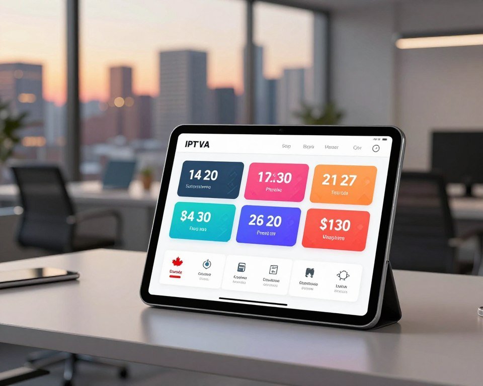 A visually striking representation of IPTV subscription plan pricing in Canada. In the foreground, a sleek digital tablet displays an attractive interface showcasing various subscription tiers with clear price points, featuring vibrant color schemes. The middle ground includes modern, stylish office elements such as a desk and a stylish chair, emphasizing a tech-savvy environment. The background features a softly blurred city skyline, illuminated by the warm glow of evening lights, creating a professional ambiance. The scene is well-lit, with soft, diffused lighting enhancing the clarity of the tablet and surrounding objects. Capture a sleek, modern atmosphere that conveys professionalism and innovation, inviting viewers to explore IPTV options.