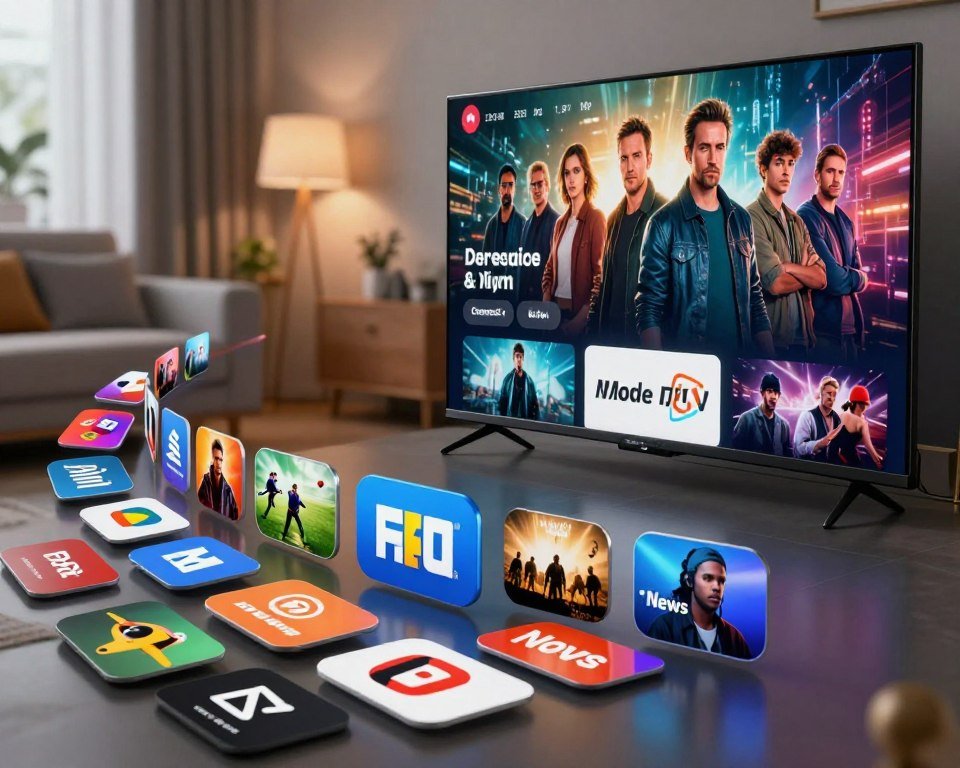 A visually striking representation of a digital streaming service showcasing a variety of content types. In the foreground, an array of colorful streaming channel icons featuring categories like movies, sports, news, and documentaries, arranged in a dynamic, flowing layout. In the middle, a sleek modern television or monitor displaying a vibrant scene from a popular show, radiating light that reflects off the shiny surface. In the background, a blurred cozy living room setting, with soft lighting that creates an inviting atmosphere, hinting at relaxation and entertainment. The image captures a sense of excitement and accessibility in the streaming world, inviting viewers to explore the diverse content offered by Mode IPTV.