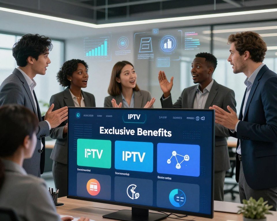 A visually striking representation of exclusive benefits and competitive pricing for an IPTV service, featuring a sleek digital interface displaying various subscription options on a high-tech screen in the foreground. In the middle, a diverse group of professionals in business attire, discussing the benefits enthusiastically, with expressions of excitement and satisfaction. The background showcases a modern office setting with soft, ambient lighting highlighting digital elements such as graphs and icons symbolizing savings, connectivity, and user satisfaction. Use a wide-angle lens to create depth and emphasize the interaction among the group, while maintaining a bright and optimistic atmosphere that conveys innovation and trustworthiness.
