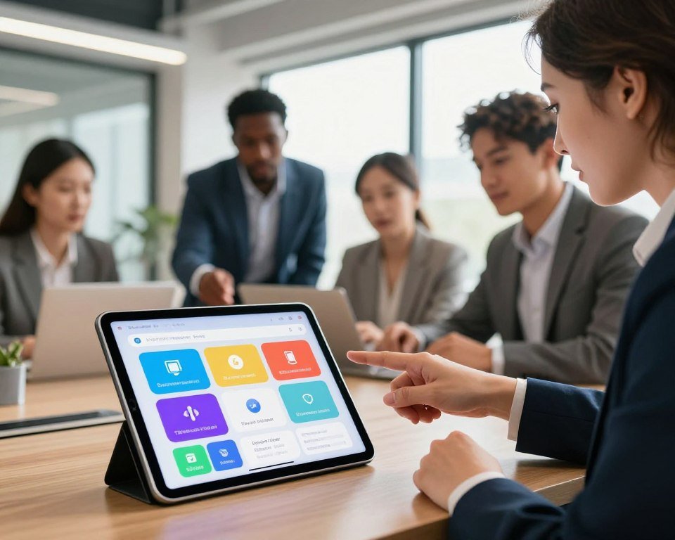 A visually striking representation of flexible subscription options for IPTV services. In the foreground, a sleek digital tablet shows a vibrant interface displaying various subscription plans with icons representing different options. In the middle, a diverse group of professionals, dressed in business attire, engage in a discussion, pointing towards the tablet, showcasing collaboration and user-friendly technology. In the background, a modern office space with large windows allows natural light to pour in, creating an inviting atmosphere. The overall color palette is bright and professional, emphasizing innovation and value. A shallow depth of field draws focus to the tablet and the engaged individuals, while the warm lighting enhances the sense of trust and accessibility in the IPTV subscription experience.