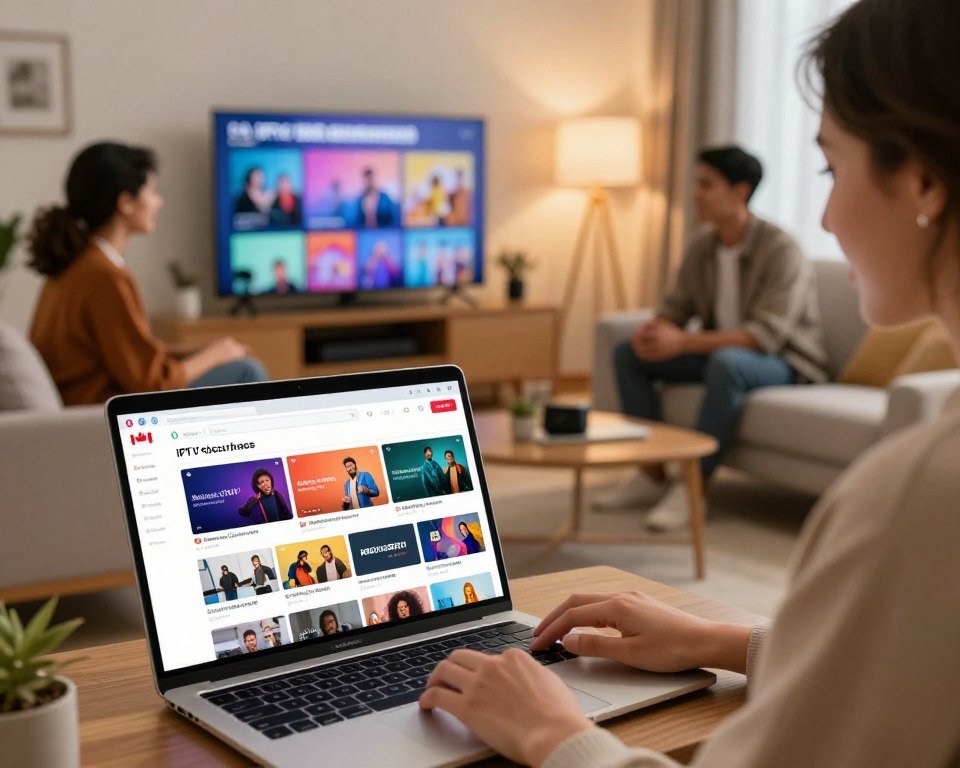 A visually stunning representation of a seamless online purchase experience for an IPTV subscription in Canada. In the foreground, a modern, sleek laptop displays a vibrant, user-friendly interface showcasing various live TV channels. A professional, diverse group of individuals in smart casual attire are engaged in the purchasing process, their faces lit with satisfaction. In the middle ground, a cozy, contemporary living room setting with a comfortable sofa, streaming devices, and a large TV displaying colorful content, emphasizing the home entertainment aspect. The background features warm, inviting lighting, creating a sense of comfort and ease. Use a soft focus on the background to draw attention to the purchasing interaction, capturing a mood of convenience and enjoyment.