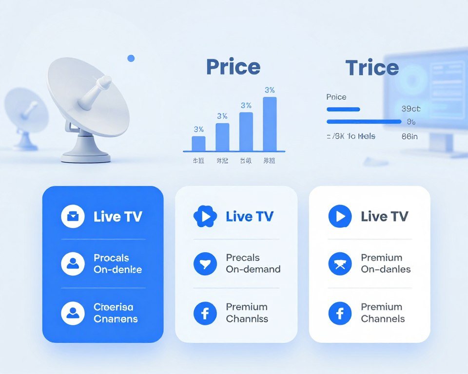 A well-organized subscription plans and pricing guide, arranged visually as a clean and professional infographic. In the foreground, prominently display three distinct subscription tiers with icons representing features like live TV, on-demand content, and premium channels, each tier in a different color scheme to indicate differences. In the middle ground, incorporate visual elements such as charts or graphs comparing prices, feature highlights, and customer benefits. In the background, create a subtle tech-inspired design featuring streaming symbols like satellite dishes and digital screens, using a soft blue and white color palette. The atmosphere should be sleek and modern, with balanced lighting illuminating the details, as if viewed through a slightly tilted lens to add depth. No text or watermarks should be present.