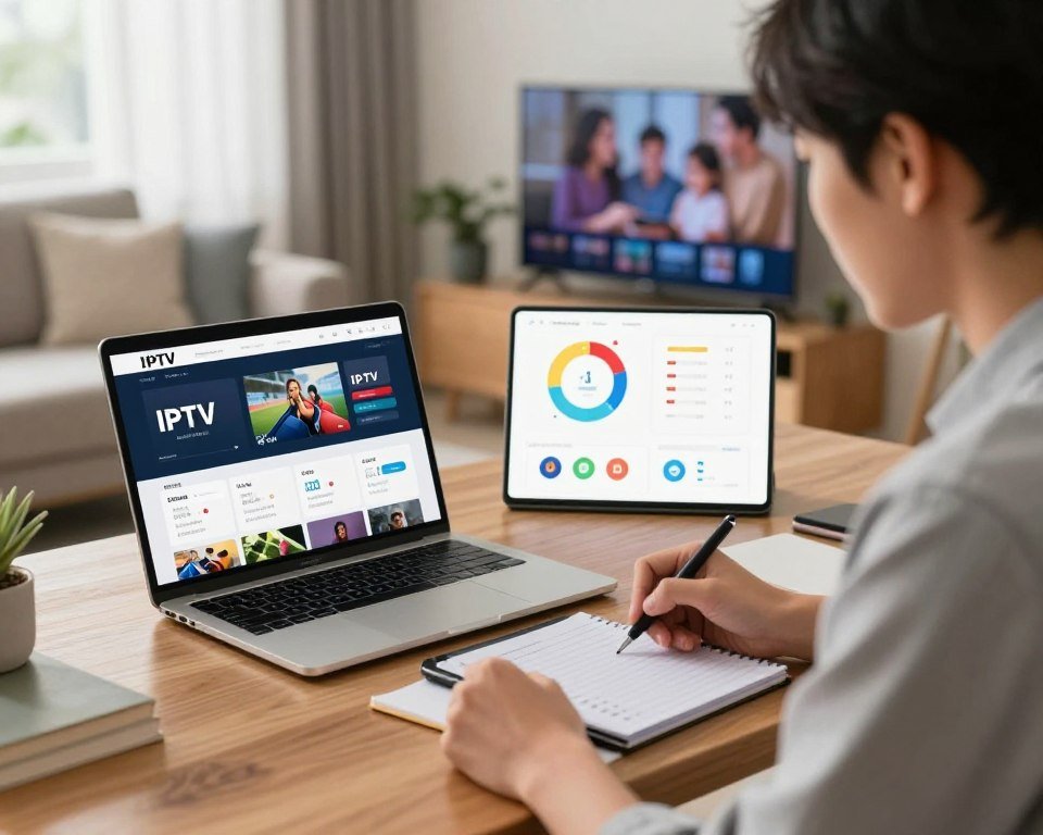 A well-organized workspace featuring a modern laptop displaying IPTV service options on the screen. In the foreground, a professional individual dressed in smart casual attire, focused and taking notes on a digital tablet. The middle ground includes colorful charts and infographics illustrating key features like sports packages and live TV services. In the background, a cozy living room setting with a flat-screen TV, emphasizing a family-friendly viewing environment. Soft, natural lighting filters through a window, creating a warm and inviting atmosphere. The angle highlights the individual's engagement with the technology, capturing a moment of careful evaluation and decision-making, embodying the essence of an IPTV buyer's guide.
