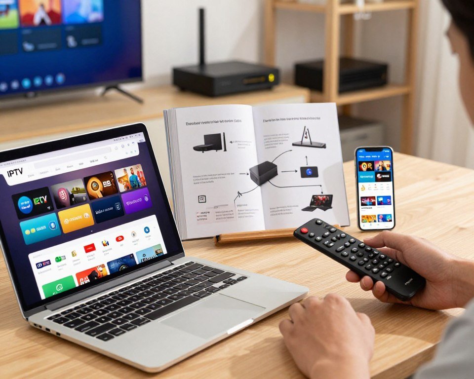 A well-organized workspace set up for IPTV subscription guidance. In the foreground, a sleek laptop with an open IPTV setup interface on the screen, surrounded by colorful streaming service logos. To the right, a pair of professional-looking hands holding a remote control, poised to operate the IPTV system. In the middle, a detailed guidebook with diagrams showcasing the steps for connecting devices, alongside a smartphone displaying a streaming app. The background contains softly blurred shelves with technology devices like a smart TV and streaming box. Warm, natural lighting creates an inviting atmosphere, evoking a sense of excitement and ease in starting the IPTV journey. Shot from a slightly elevated angle to capture the overall setup effectively, ensuring clarity in the key elements without clutter.