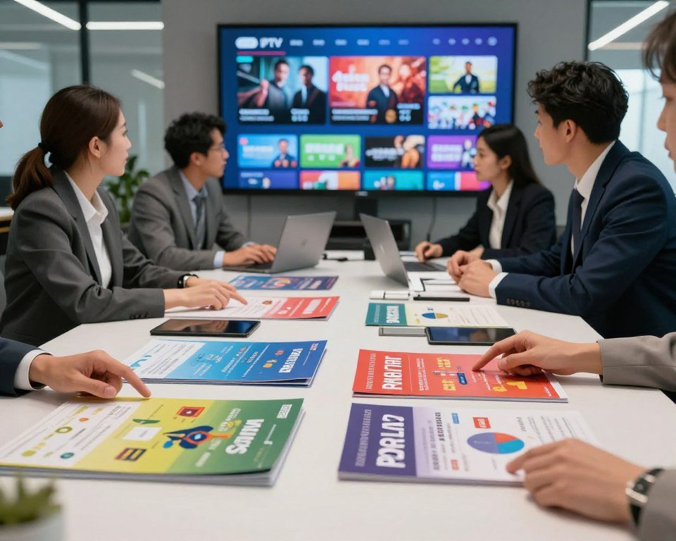 An attractive display of diverse subscription plans for IPTV services, set in a modern, sleek office environment. In the foreground, a large table features distinct, colorful brochures showcasing various plans, each visualized with infographic elements illustrating features and pricing. The middle ground includes professionals in business attire engaged in discussion, pointing at the brochures, conveying collaboration and decision-making. The background displays a large digital screen with vibrant visualizations of streaming content, such as movies, sports, and educational programs. Soft, ambient lighting creates a welcoming atmosphere, while a focus on clarity emphasizes the details of each plan. The perspective is slightly elevated, capturing the dynamic interaction of the professionals and the richness of the subscription options available.