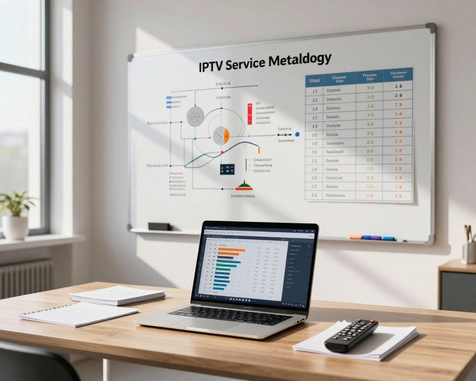 An organized workspace depicting an IPTV service evaluation methodology. In the foreground, a modern desk with a sleek laptop open, displaying charts and data analytics on screen, surrounded by notes and a high-tech remote control. In the middle, a large whiteboard filled with diagrams, metrics, and comparison tables of various IPTV services, highlighting key features and ratings, adorned with colored markers. The background features a large window with natural light pouring in, casting soft shadows across the room, creating a bright and inviting atmosphere. The overall mood should be professional and analytical, suggesting a thorough and comprehensive evaluation process in progress, with a focus on technology and modernity.