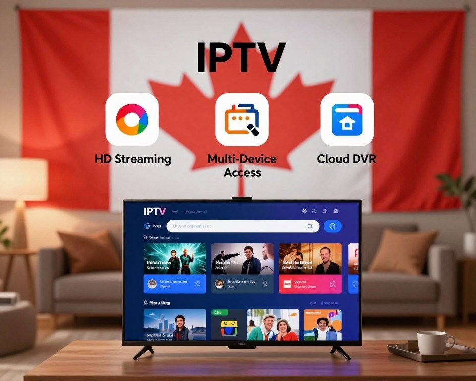 Create an infographic-style image that illustrates the features and packages of IPTV services for Canadian viewers. In the foreground, display a visually appealing tablet or smart TV showcasing a vibrant interface with various channel icons like sports, movies, and news. In the middle, arrange icons or small graphics that represent key features such as "HD Streaming," "Multi-Device Access," and "Cloud DVR" in a balanced layout. In the background, incorporate a subtle Canadian flag motif blending smoothly with a modern living room setting, bathed in warm, inviting lighting. The mood should be informative yet approachable, emphasizing ease of use and the breadth of available content options. Use a wide-angle perspective to create an engaging composition that draws viewers' attention.