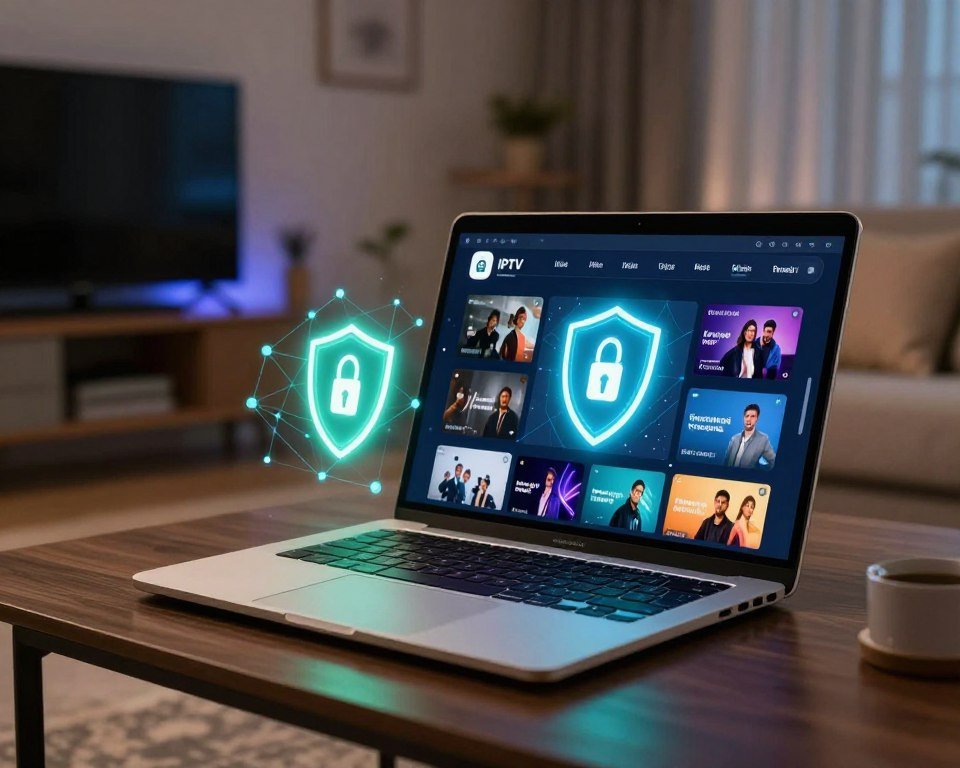 In the foreground, depict a sleek laptop displaying a vibrant IPTV interface, showcasing various streaming options in a modern living room setting. Surround the laptop with symbolic elements of integrated VPN and privacy protection, such as a glowing shield icon and a network of interconnected nodes. In the middle, illustrate a soft blue and green glow emanating from the laptop, symbolizing security and seamless connectivity. In the background, include a cozy, stylish living room with subtle technology accents like a smart TV and cozy sofa. Utilize warm lighting to create an inviting atmosphere, focusing on a slightly angled view of the scene to add depth. The mood should exude comfort and cutting-edge technology, conveying an exceptional entertainment experience.