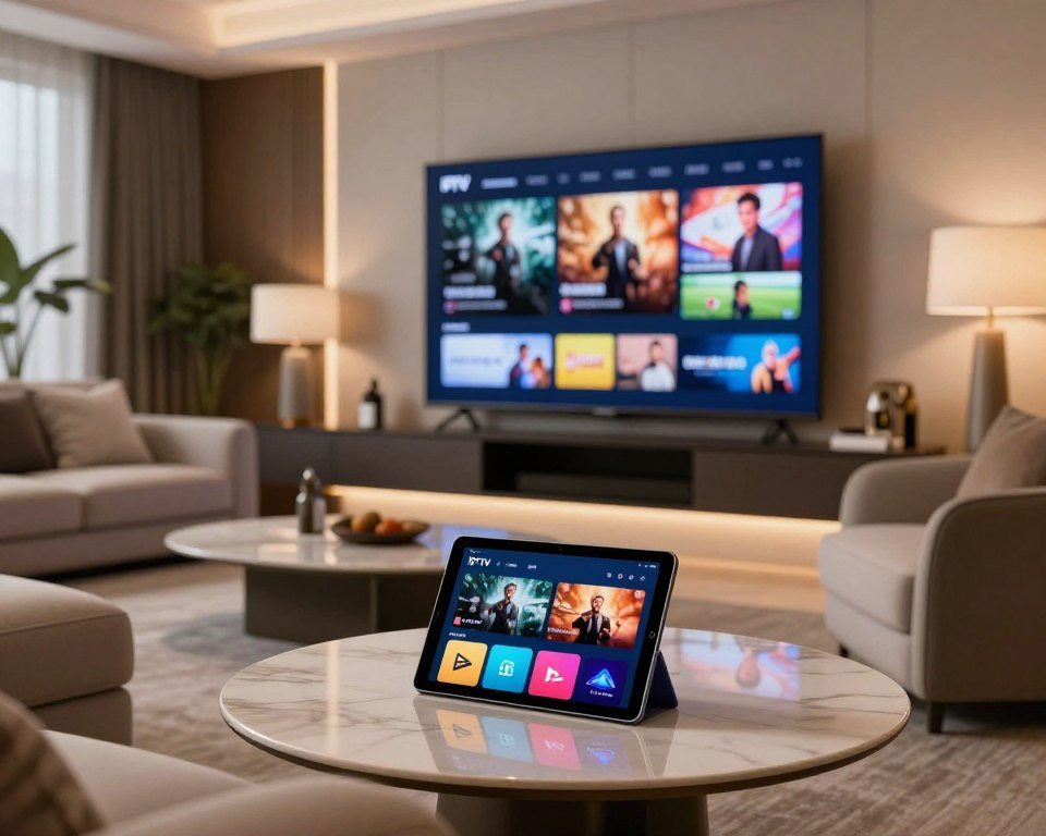 Luxurious digital living room setting showcasing premium IPTV service features. In the foreground, an elegantly furnished modern coffee table displays a sleek tablet streaming high-definition content with vibrant colors. The middle ground features a large flat-screen TV mounted on a stylish wall, showing a variety of streaming options, including movies, sports, and documentaries. Surrounding it, cozy sofas with plush cushions create an inviting atmosphere. The background is softly lit, with ambient lighting provided by contemporary lamps, giving a warm feel to the space. The overall mood is sophisticated and inviting, reflecting comfort and high quality. Capture this scene with a wide-angle lens and natural lighting to enhance the inviting ambiance.